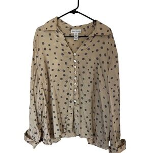 Rena Rowan Beige Button-Down Shirt with Black Polka Dots